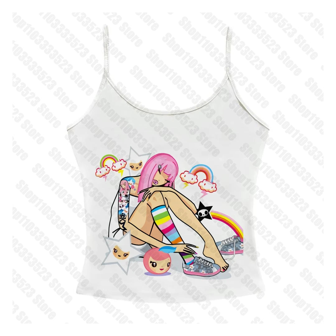 2000s E-girl Goth Women Vest Tank Top Aesthetic Streetwear Vintage Casual Short Sleeve T-Shirts Punk Y2k Style Clothes Baby Tees