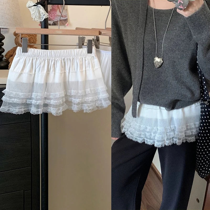 Women Y2K Korean Lace Mini Layered Skirt Streetwear Lace Up Ruffles Harajuku High Waist Pleated A-Line Short Jupe Skirts Clothes