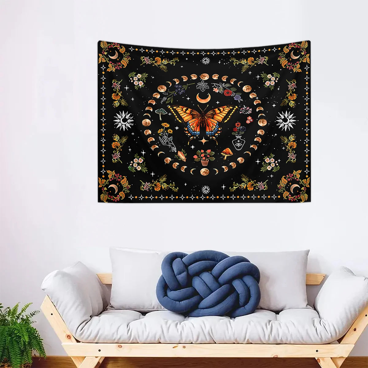 1pc Butterfly, Moon, Flower Tapestry, Plant Flower Bohemian Tapestry, Bedroom Aesthetics Retro Moonphase Starry Sky Tapestry