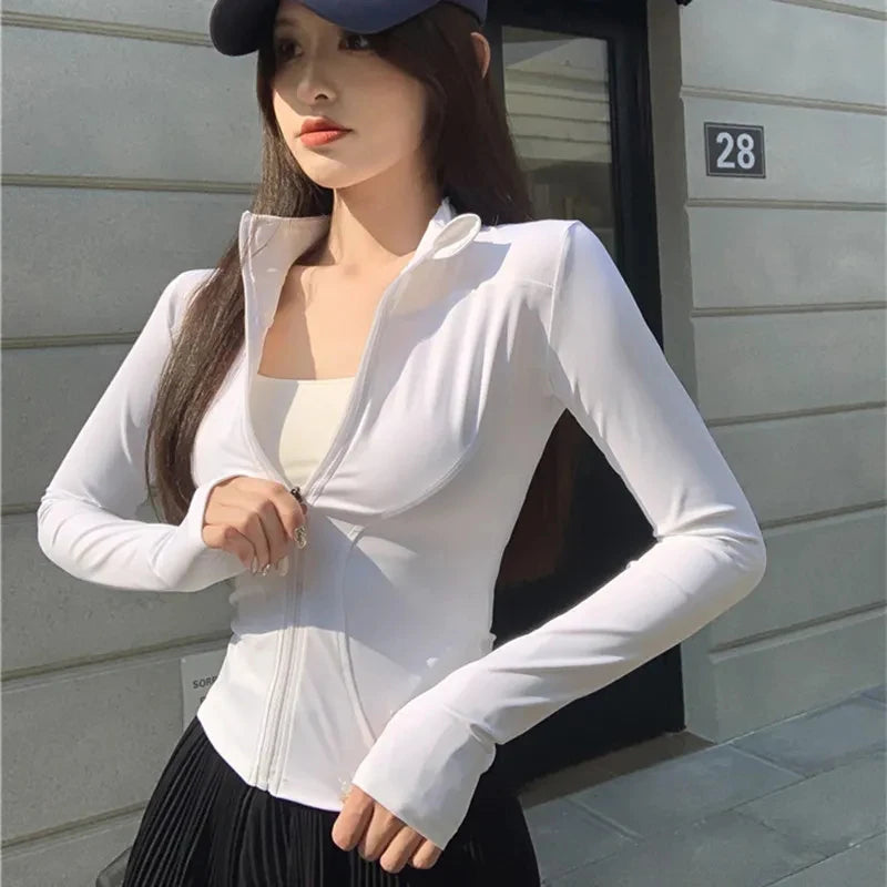 2025 New Slim Fit Long Sleeve T Shirt Women Wild Zipper Up Waist Slimming Yoga Tshirt Woman Tight Stand Collar Crop Tops Female