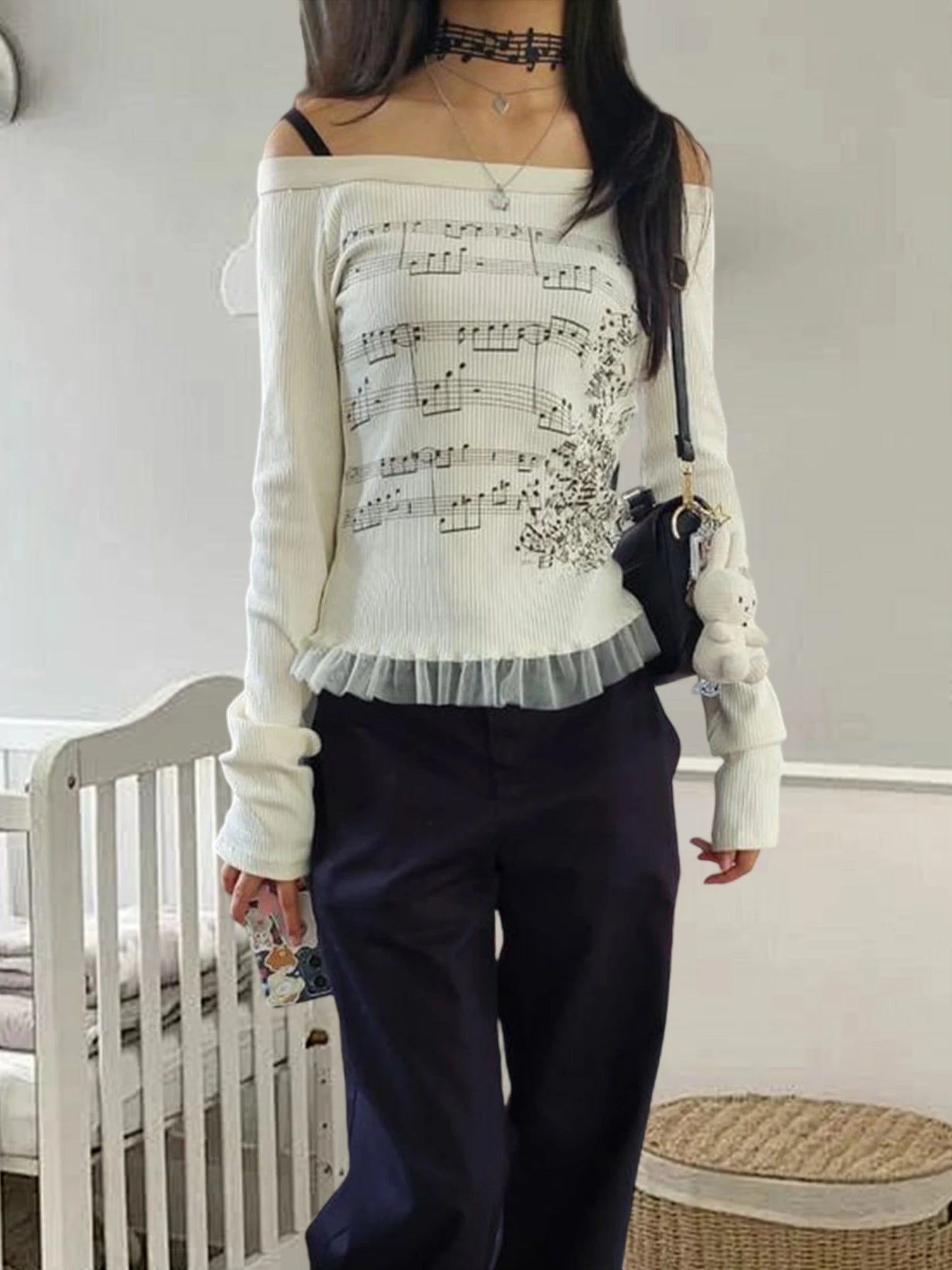 Women Y2K Graphic T-Shirts Long Sleeve Top Off Shoulder Music Score Tee Shirt Aesthetic Fairy T-Shirt Streetwear