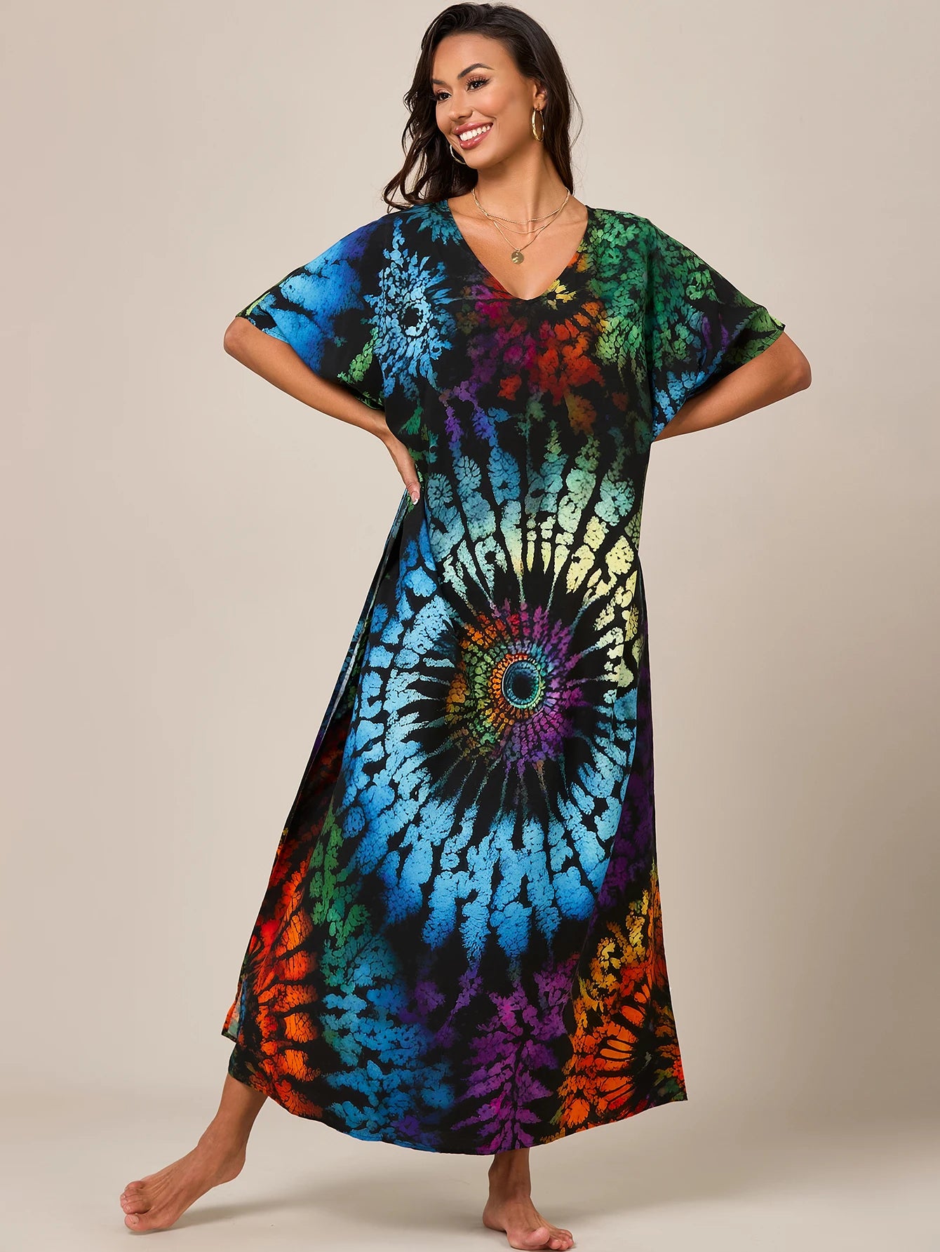 Women's Summer Ethnic Style Kaftan - V-Neck Side Slit Resort Cover-Up Dress for Bikini & Loungewear