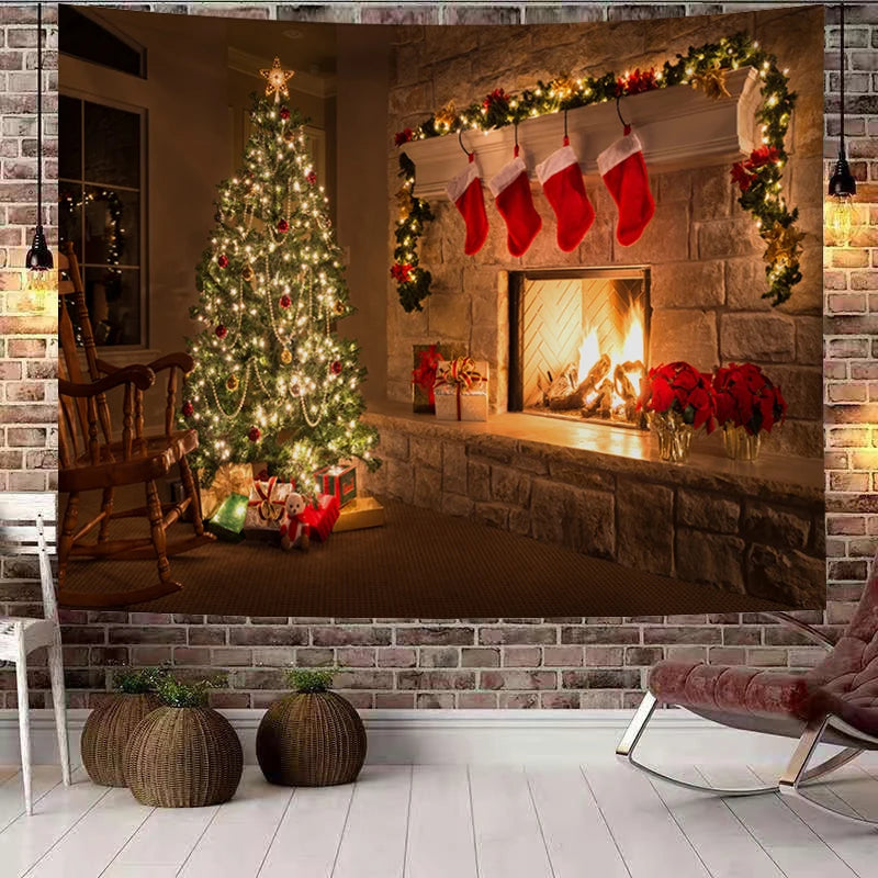 1pc Christmas decoration tapestry, Christmas fireplace Christmas tree tapestry, Christmas shooting background cloth tapestry