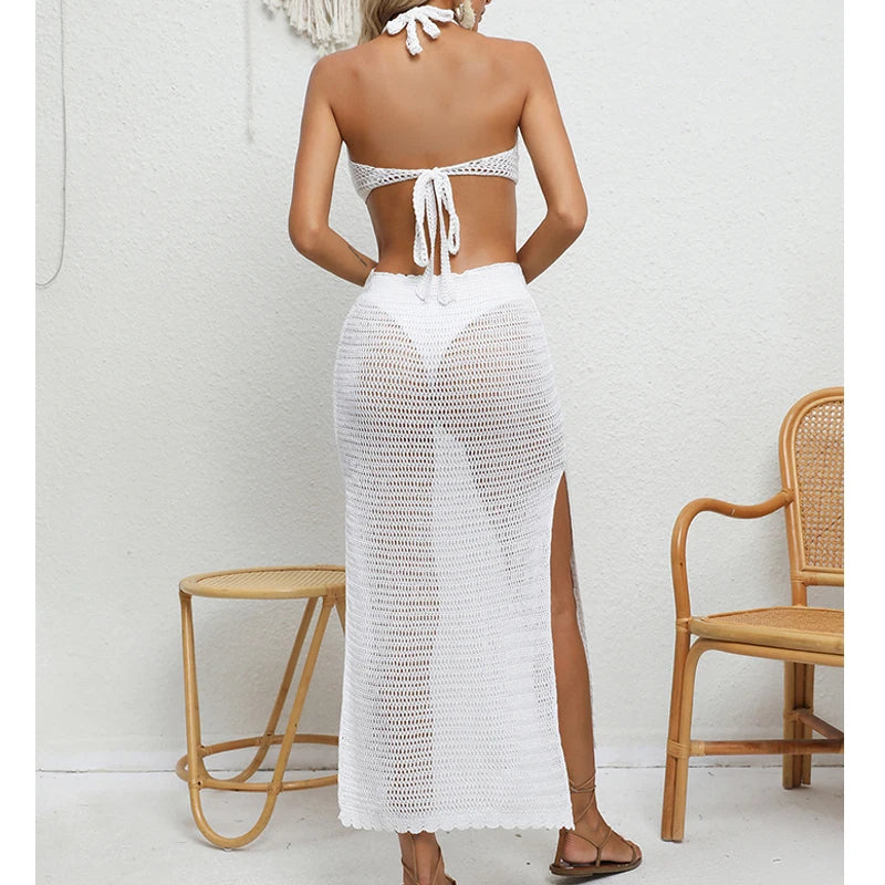 Women's Sexy Binding Rope Deep V Beach Cover-Up Knitting Halter Tunic Long Dress See-Through Summer Holiday Casual Beachwear