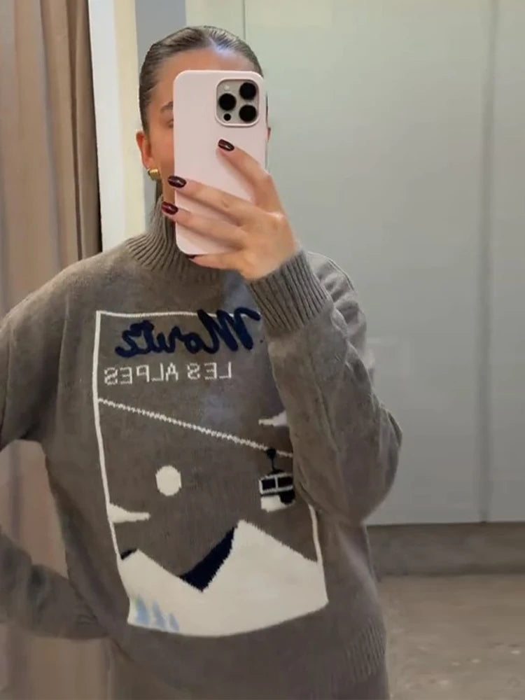 Women's 2 Pcs Suits Printed Pullover Sweater Pants Sets Street Female Turtleneck Long Sleeve Tops High Waist Trousers New Outfit