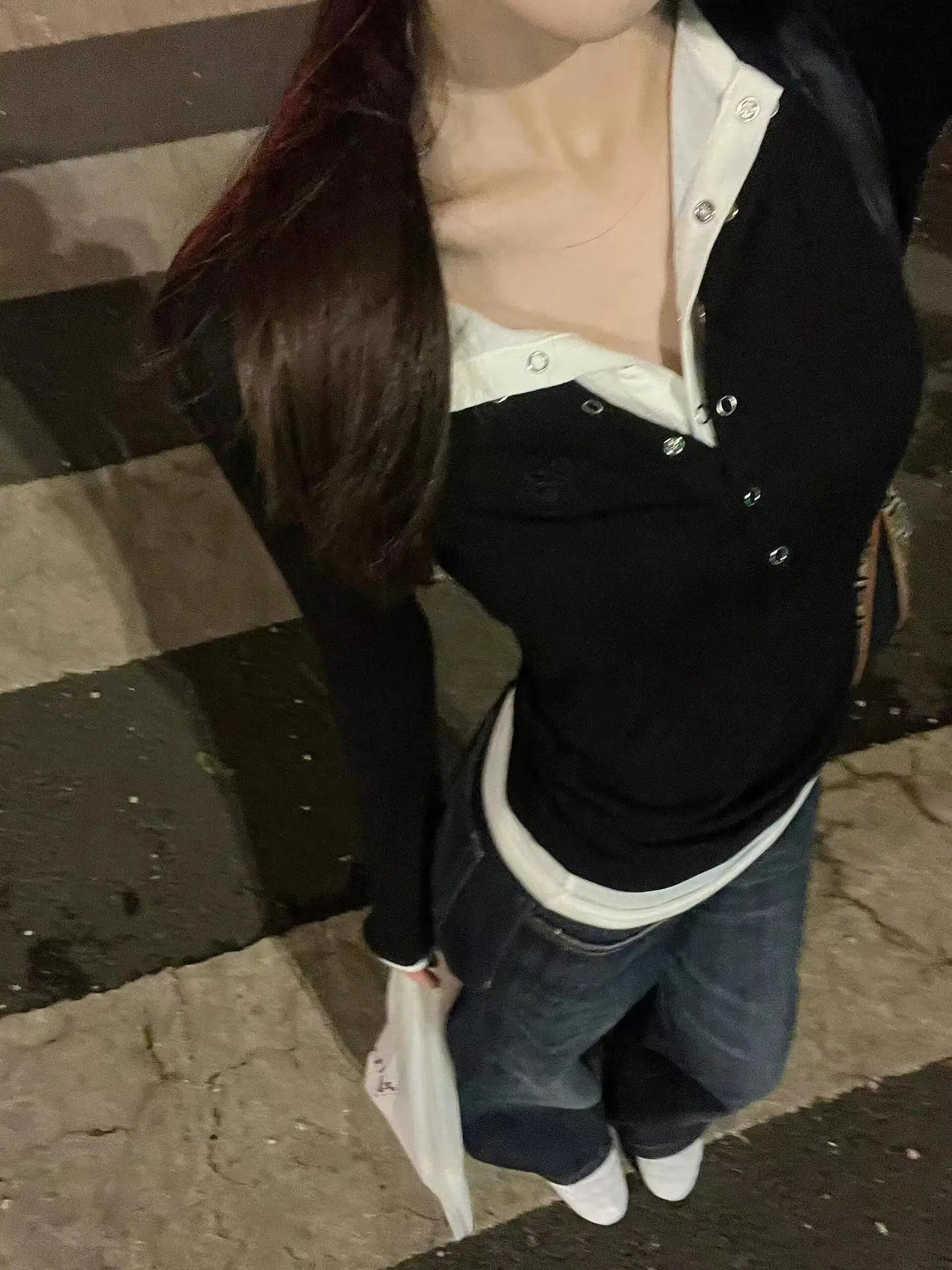 Women's Spring Autumn Long Sleeve T-Shirt Wear Base Shirt Spicy Girl Retro Fake Two-piece V-neck Long-sleeved T-shirt