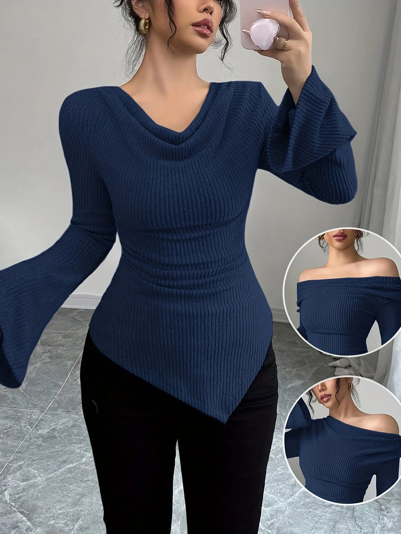 2025 Women Autumn Winter Long Sleeve Y2K Crop Top Trendy Off Shoulder Asymmetrical Fitted Knit V Neck Tee Shirts Tops Streetwear