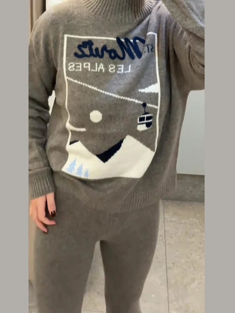 Women's 2 Pcs Suits Printed Pullover Sweater Pants Sets Street Female Turtleneck Long Sleeve Tops High Waist Trousers New Outfit