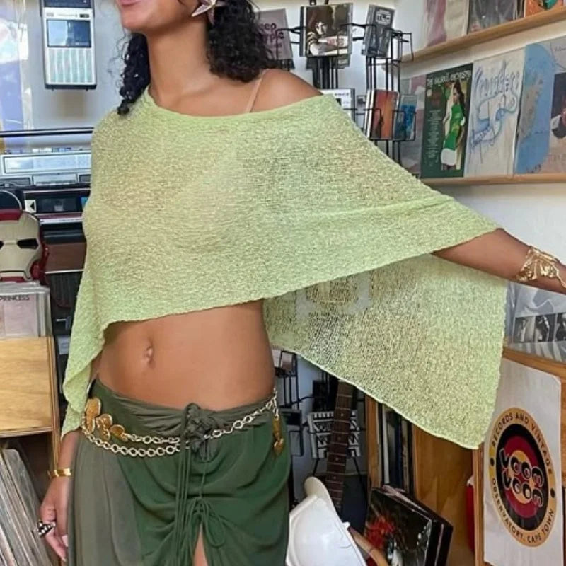 Womens Knitted Sheer Poncho Tops Women Knit Cover-up See-through Solid Irregular Loose Pullover Summer Beach Tops