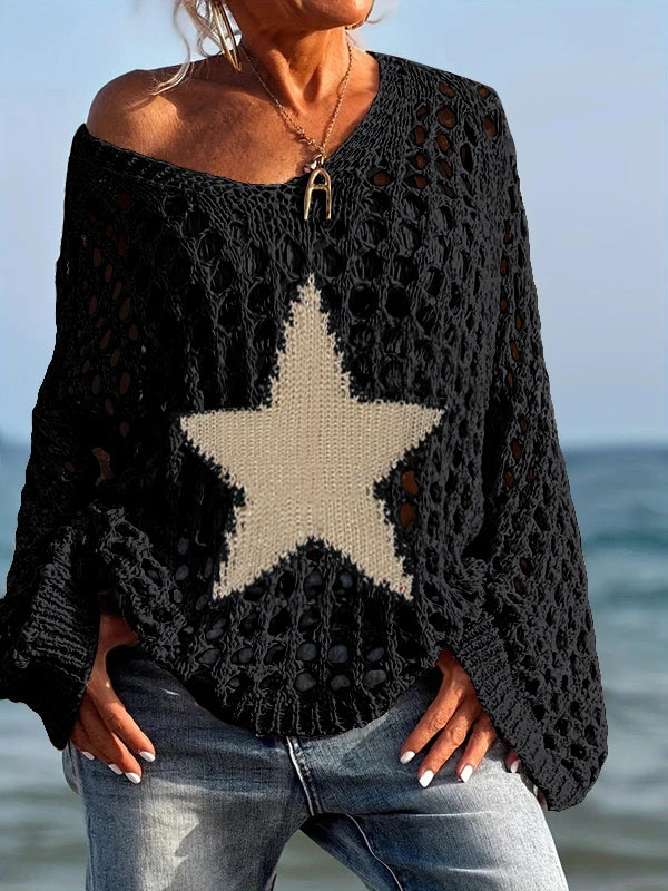 Women'S Lightweight Crochet Knit Top - Casual V-Neck, Long Sleeve Hollow Out Knit with Golden Star Beach Cover-Up, Perfect for S