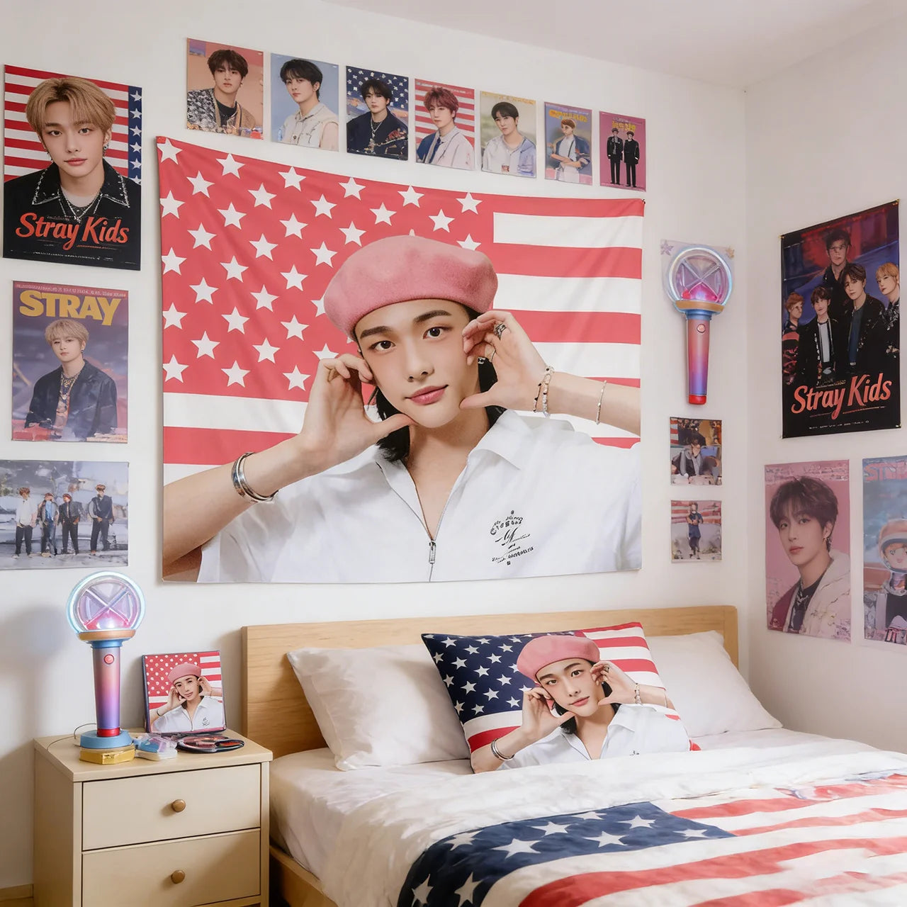 1PC Stray Kids Hyunjin K-Pop American Flag Tapestry | Perfect for Dorm Living Room & Bedroom Decor (Flat Print)