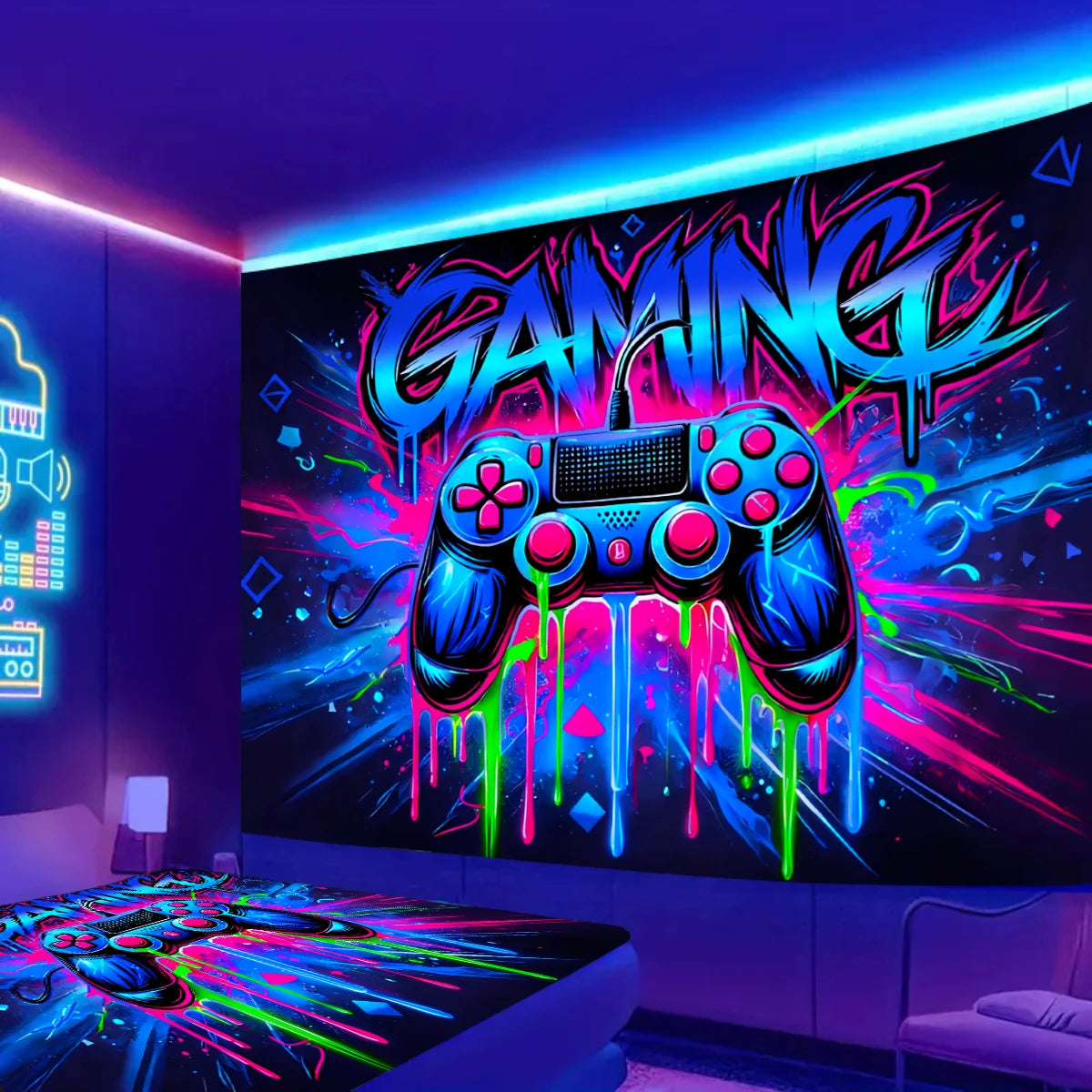 1pc Game controller fluorescent tapestry, UV reactive tapestry, e-sports room, e-sports club background decoration wall hanging