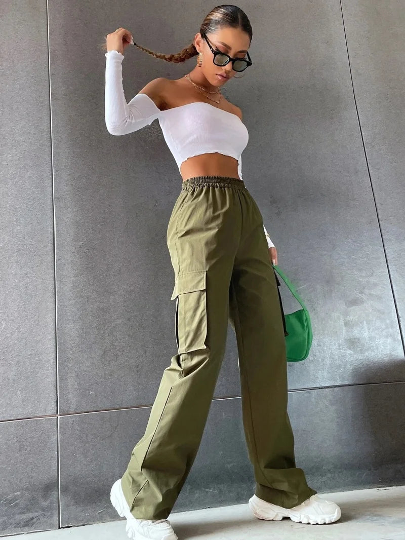 Y2K Solid Ripped Baggy Pants Fashion Women Pocket Elastic Waist Retro Straight Sweatpant Casual Streetwear Cargo New Trousers
