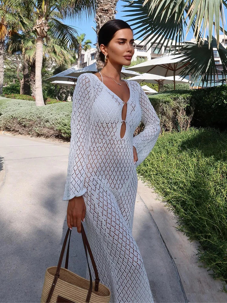 Women's Openwork Knitted Long Dresses 2024 Summer Beach V-Neck Backless Maxi Dress Bikini Cover-ups Beachwear