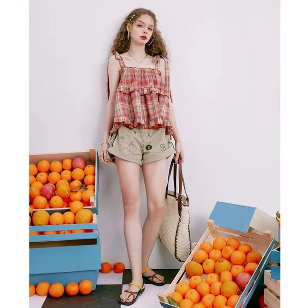 Y2K Hot Women Summer Acubi Japan Vintage Gyaru Tanks & Camis Lace Up Green Crop Top Plaid Strap Sleeveless Tank Tops Clothes