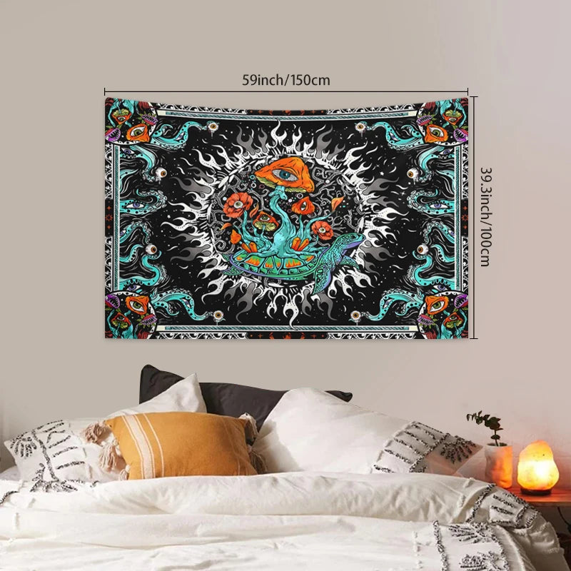 1pc Bohemian burning sun mushroom octopus tapestry, psychedelic eye marine creature tapestry