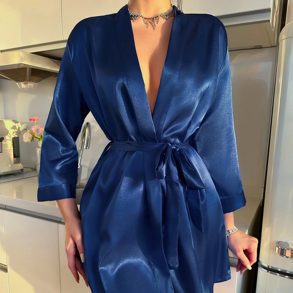 Women's Short Kimono Robe Silky Satin Bathrobe Bride Bridesmaids Getting Ready Sleepwear Soft Nightgown