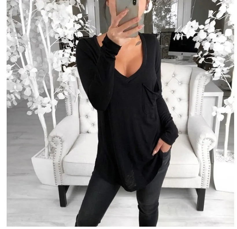 Women's Solid Color Fashion V-neck Long Sleeved T-shirt Ladies Casual Simple T-shirt