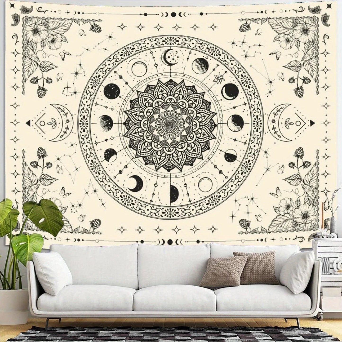 1pc Bohemian Mandala Floral Tapestry - Vintage Indian Wall Hanging with Celestial Moon and Stars Pattern for Bedroom Living Room