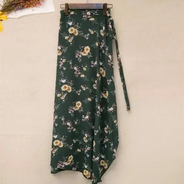 2026 Summer Beach Floral Skirt for Women Cotton High Waist Wrap Maxi Skirt Long with Side Slit & Tie Detail Boho Style Design