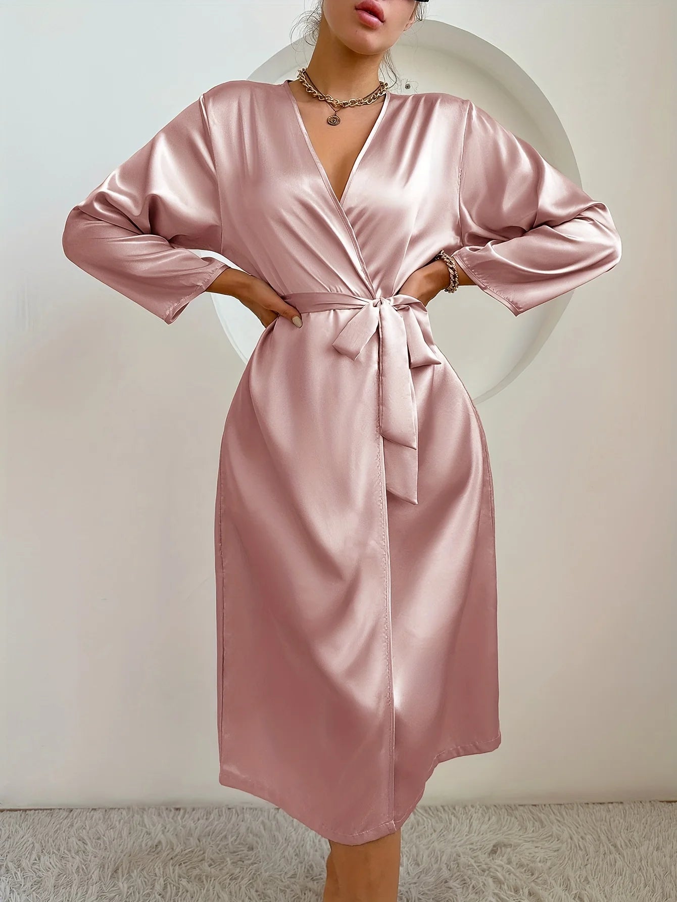 Women's Satin Robe Belted Elegant Solid Color Silky Comfort Bathrobe Loungewear