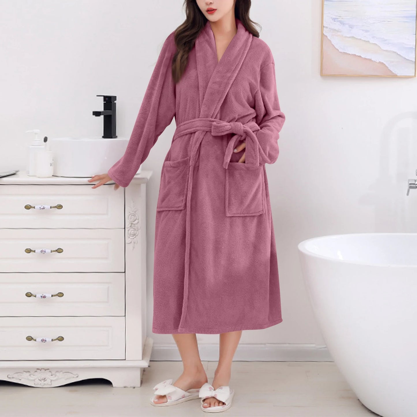 Women's Coral Fleece Robe Autumn Winter New Style Medium Length Home Indoor Wear Warmth Comfortable Sleepwear Nightgown