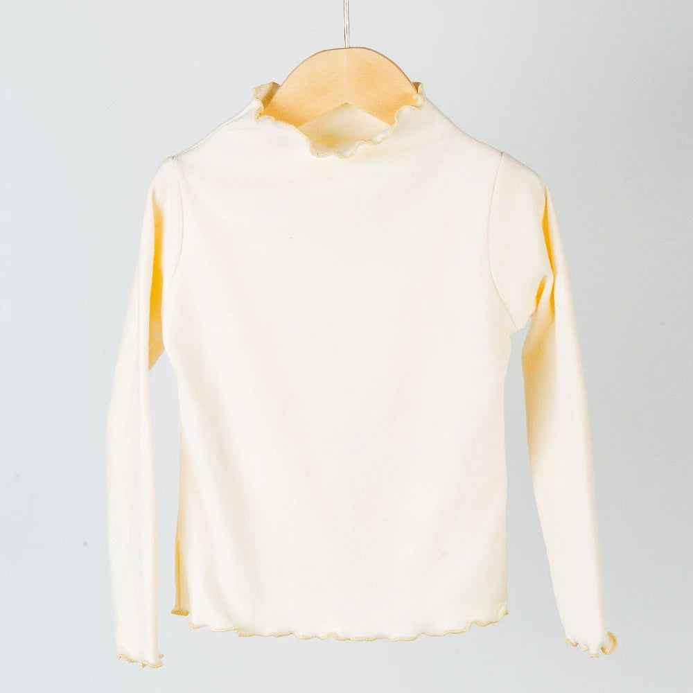 2025 Children's Clothing Autumn And Winter New Long Sleeved Girls' Base Fashion Collar Lace Solid Color Long Sleeved T-Shirt