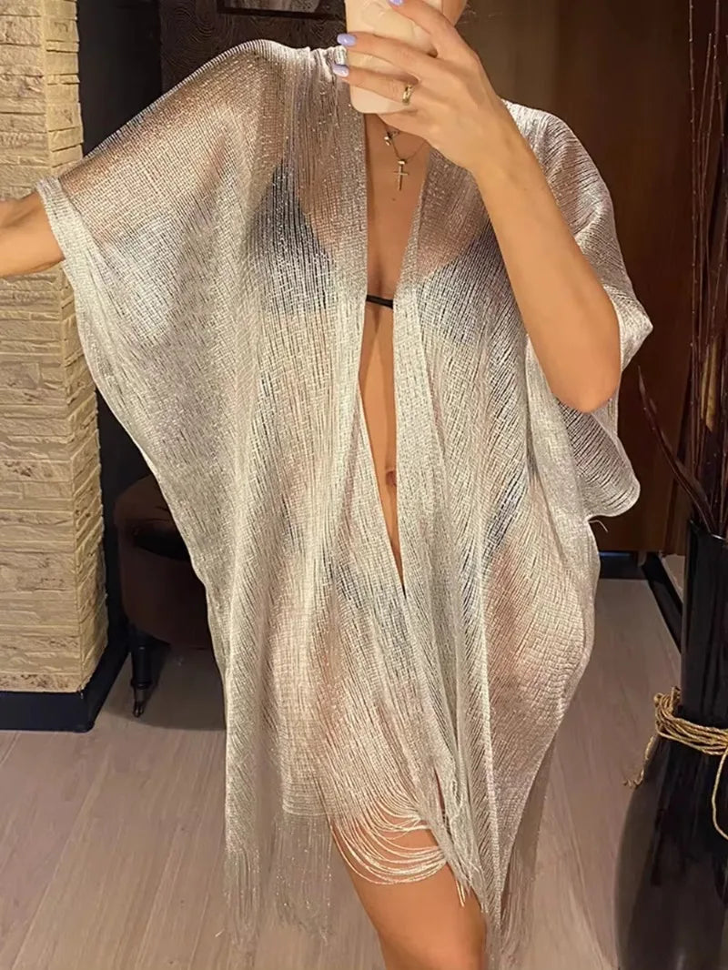 2025 Swimsuit Cover-ups  Fashion Tassel Gold Bikini Beach Cover Up Sexy Beach Dress Tunics for Women Summer Wear See Through