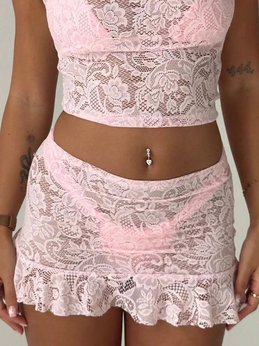 Women's Bikini Cover-up Skirts Lace See Through Mini Skirts Low Waist Ruffle Casual Beach Skirts Summer