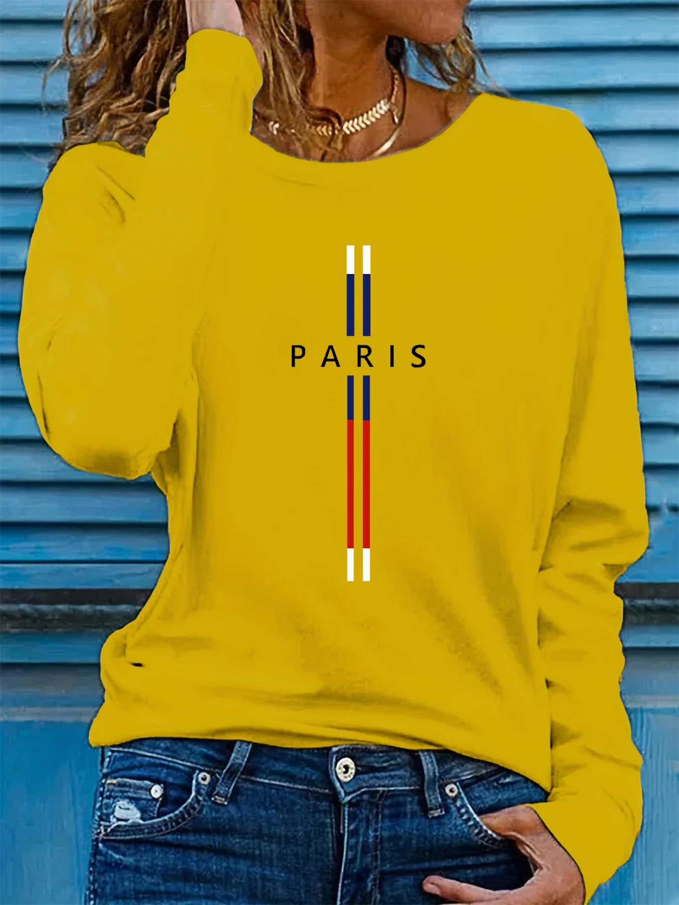 100% pure cotton women's spring and autumn comfortable casual long sleeved Paris graphic printed round neck T-shirt