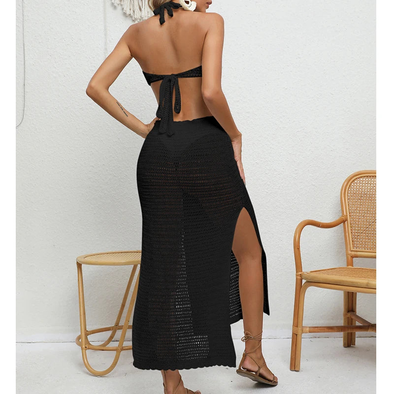 Women's Sexy Binding Rope Deep V Beach Cover-Up Knitting Halter Tunic Long Dress See-Through Summer Holiday Casual Beachwear