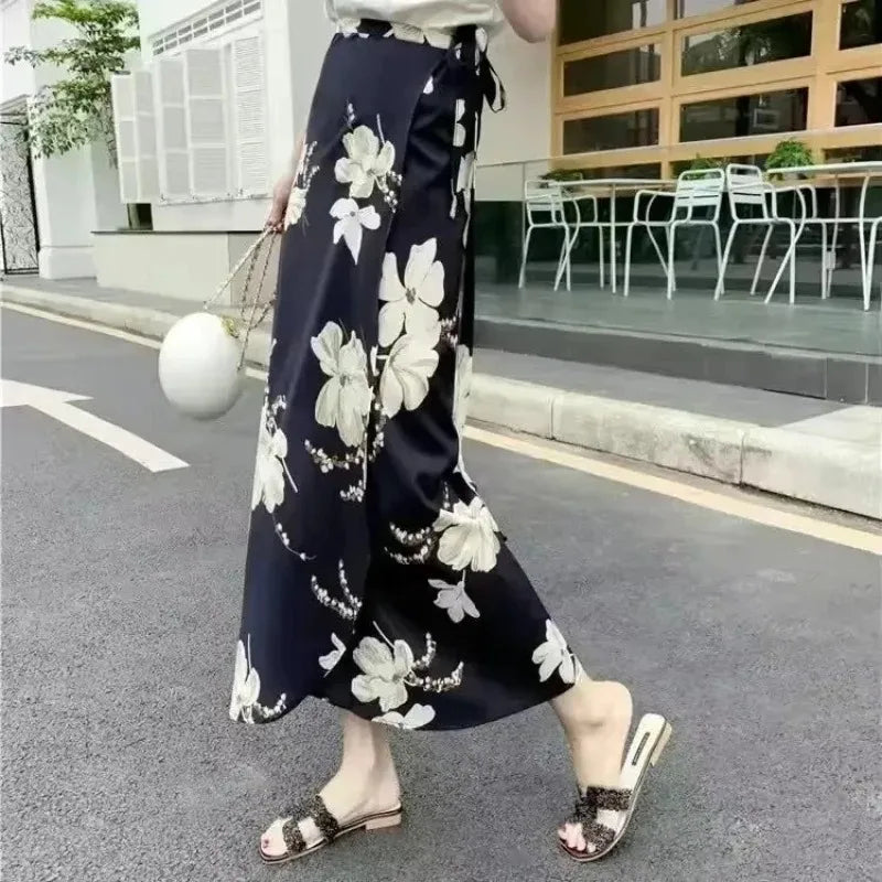 2026 Summer Beach Floral Skirt for Women Cotton High Waist Wrap Maxi Skirt Long with Side Slit & Tie Detail Boho Style Design