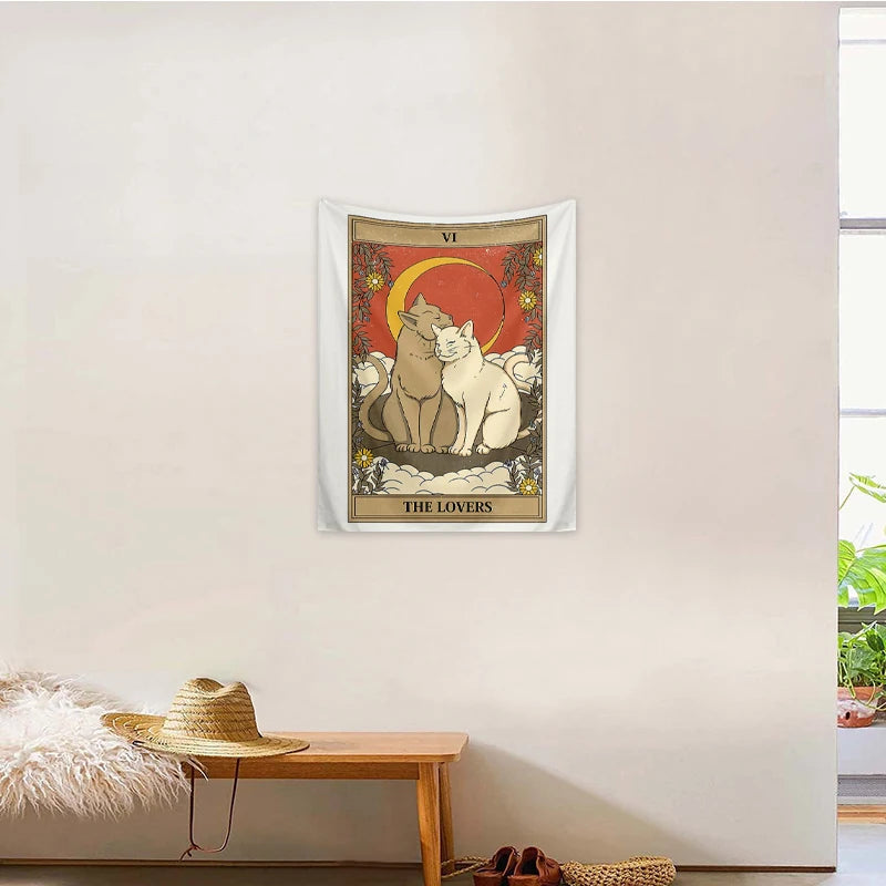 1pc Tarot Cat Tapestry, Moon Phase Sun Universe Starry Sky Tapestry, Cute Cat Wall Hanging