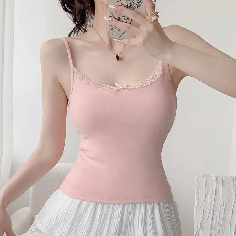 1pcs Girls Cute Padded Bra Tank Top Women Lace Casual Strap Top Vest Female Camisole With Removable Built In Bra Clothing