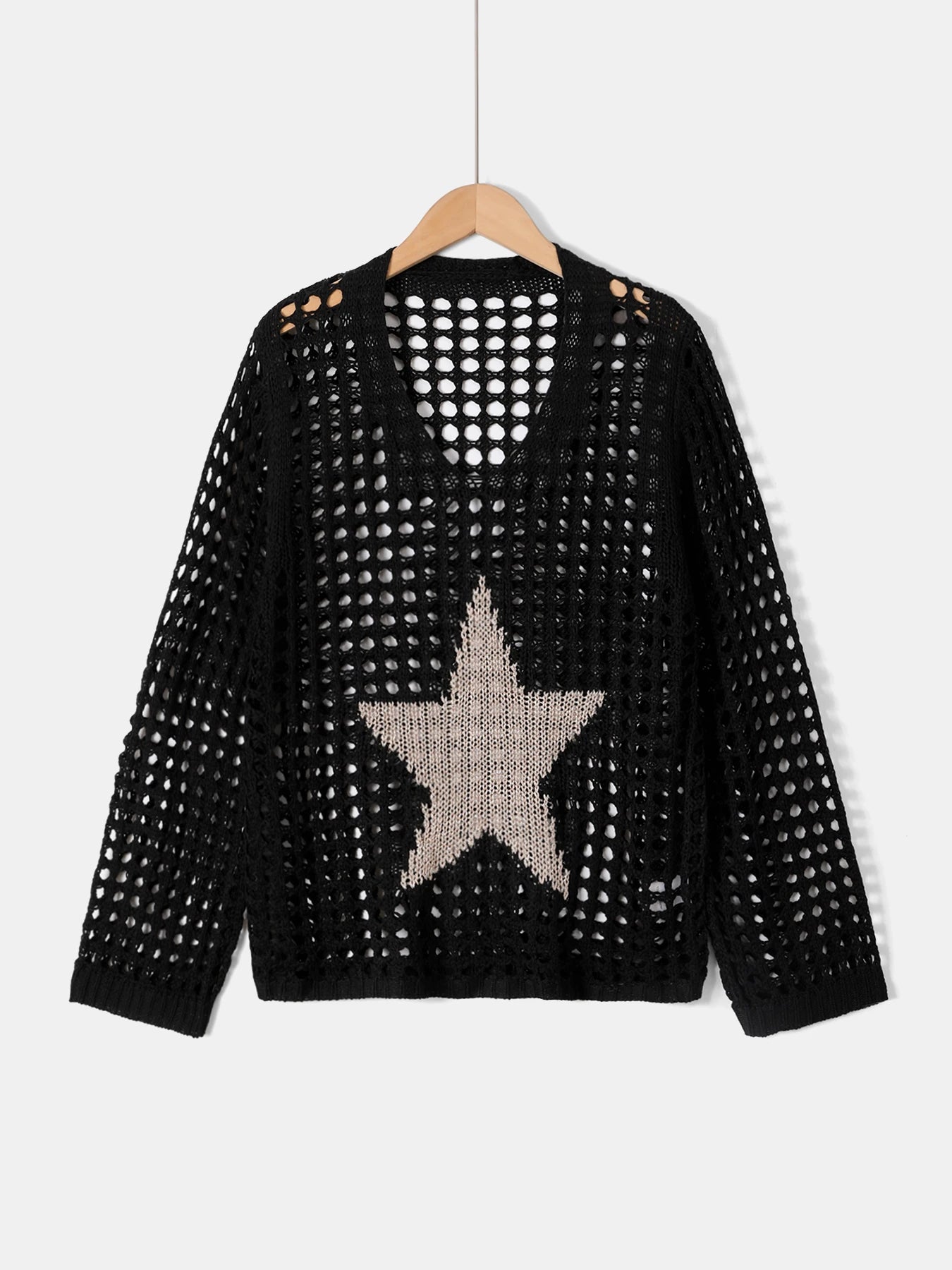 Women'S Lightweight Crochet Knit Top - Casual V-Neck, Long Sleeve Hollow Out Knit with Golden Star Beach Cover-Up, Perfect for S