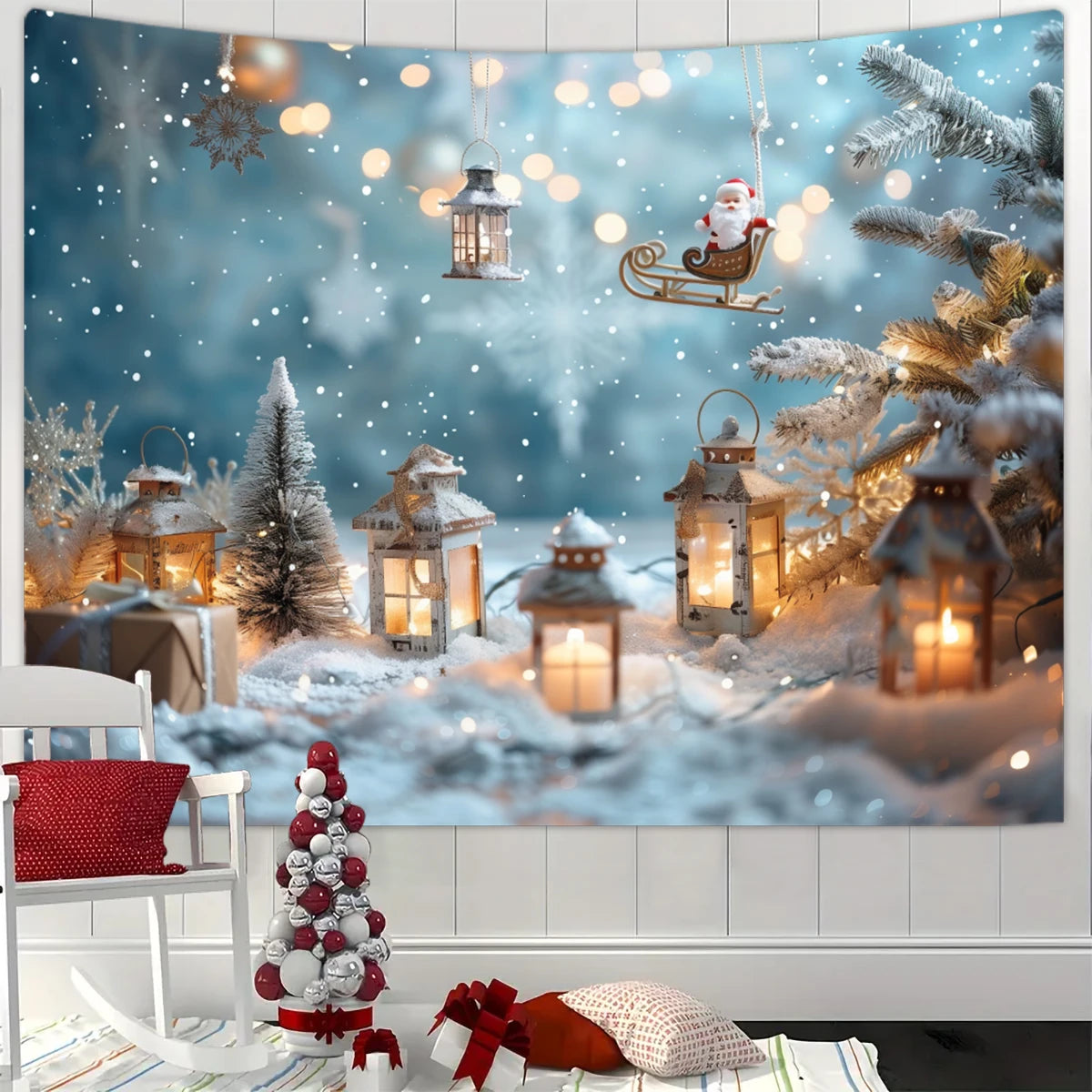 1pc Christmas tapestry, snow background banner outside the Christmas tree window, Christmas fireplace tapestry
