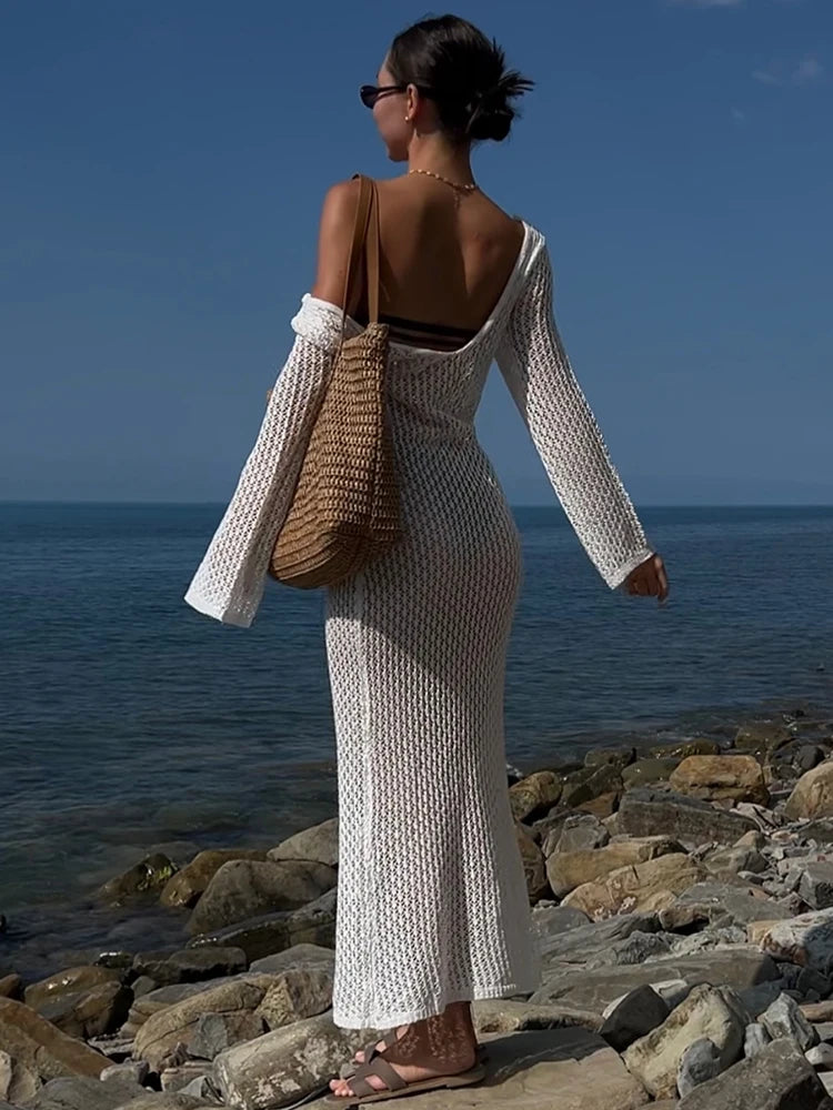 Women's Openwork Knitted Long Dresses 2024 Summer Beach V-Neck Backless Maxi Dress Bikini Cover-ups Beachwear