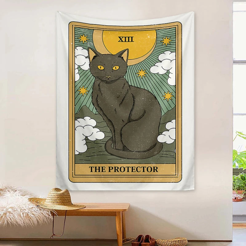 1pc Tarot Cat Tapestry, Moon Phase Sun Universe Starry Sky Tapestry, Cute Cat Wall Hanging