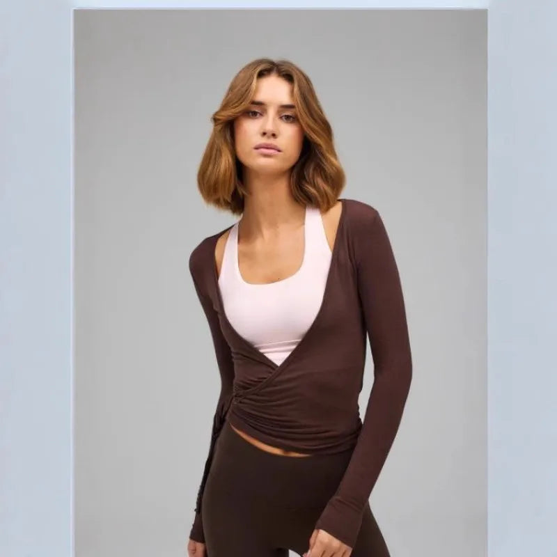 Women Yoga Wrap Tie Tops Y2k Solid Long Sleeve Slim Fit Crop Tops Ballet Workout Yoga T-Shirts Tees Coquette Sweet Chic Tops