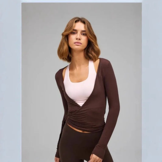 Women Yoga Wrap Tie Tops Y2k Solid Long Sleeve Slim Fit Crop Tops Ballet Workout Yoga T-Shirts Tees Coquette Sweet Chic Tops