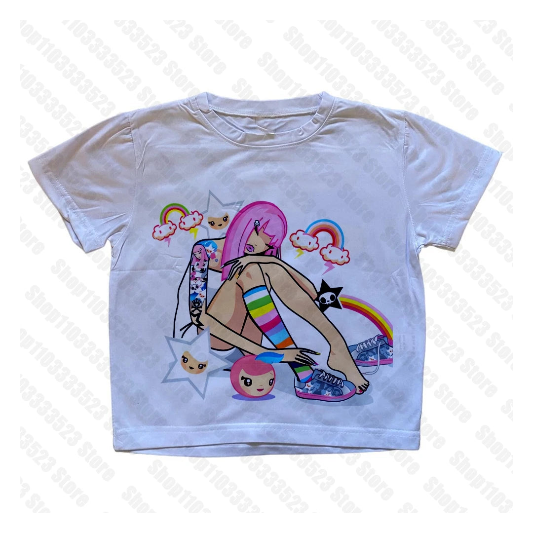 2000s E-girl Goth Women Vest Tank Top Aesthetic Streetwear Vintage Casual Short Sleeve T-Shirts Punk Y2k Style Clothes Baby Tees