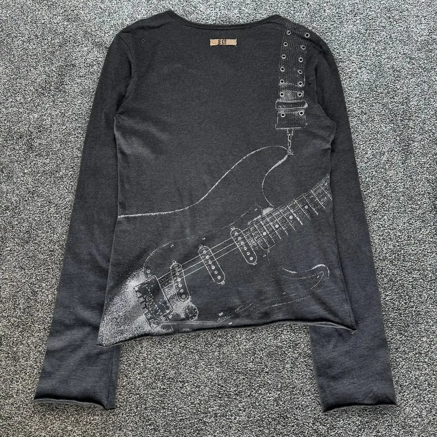 Y2K Classic Aesthetic Hip-Hop Guitar Print Loose Rivet Element Long Sleeved Retro Daily Couple Trend Cotton T-shirt Kawaii Top