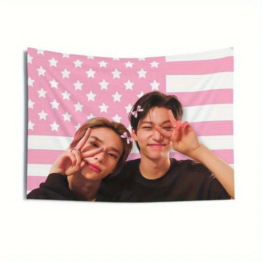 1pc of SKZ Live America Flag Banner Featuring Stray Hyunjin & Merchandise, Designed in Pink with White Stripes Tapestry