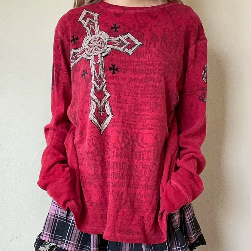 2000s Y2K Cyber Grunge Vintage T-shirt Graphic Print O Neck Long Sleeve Tee Women Slim Fit Crop Tops EGirl Skater Emo Streetwear