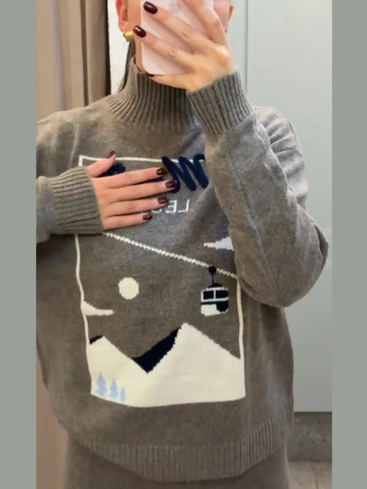 Women's 2 Pcs Suits Printed Pullover Sweater Pants Sets Street Female Turtleneck Long Sleeve Tops High Waist Trousers New Outfit