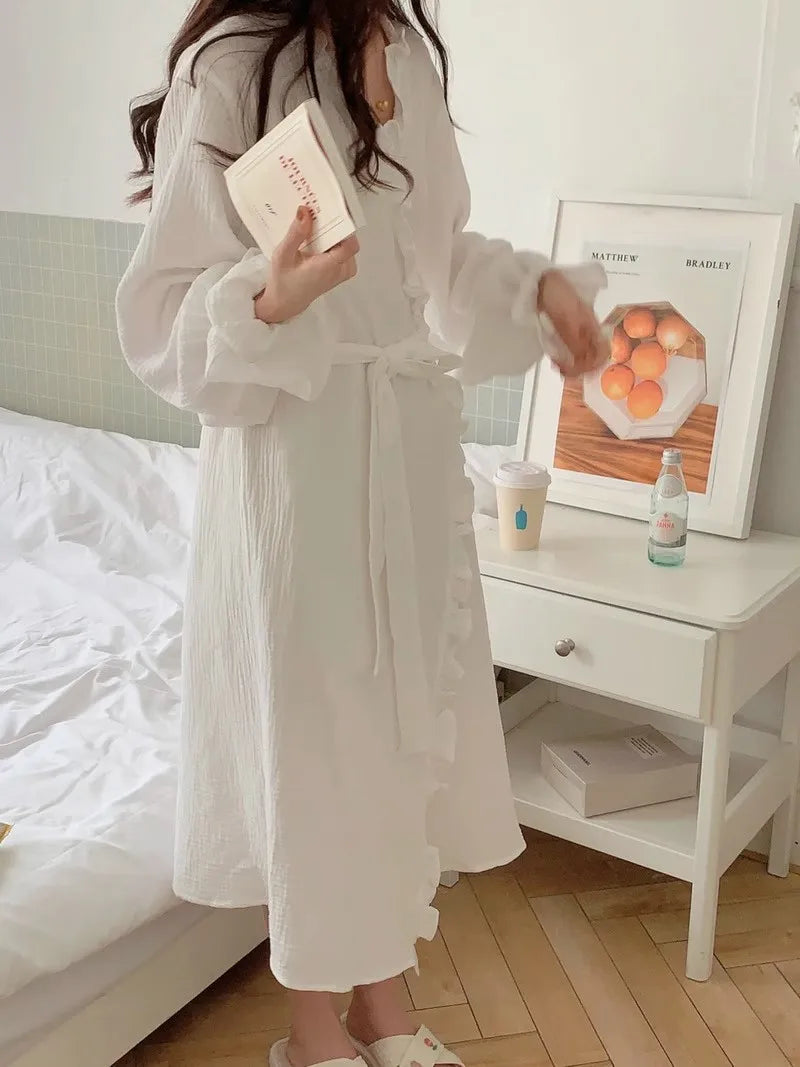 Women's Spring and Summer New Simple Long-Sleeved Robe Girls Sweet Ins Wind Ruffled Thin Section of Solid Color Pajamas Home Wea