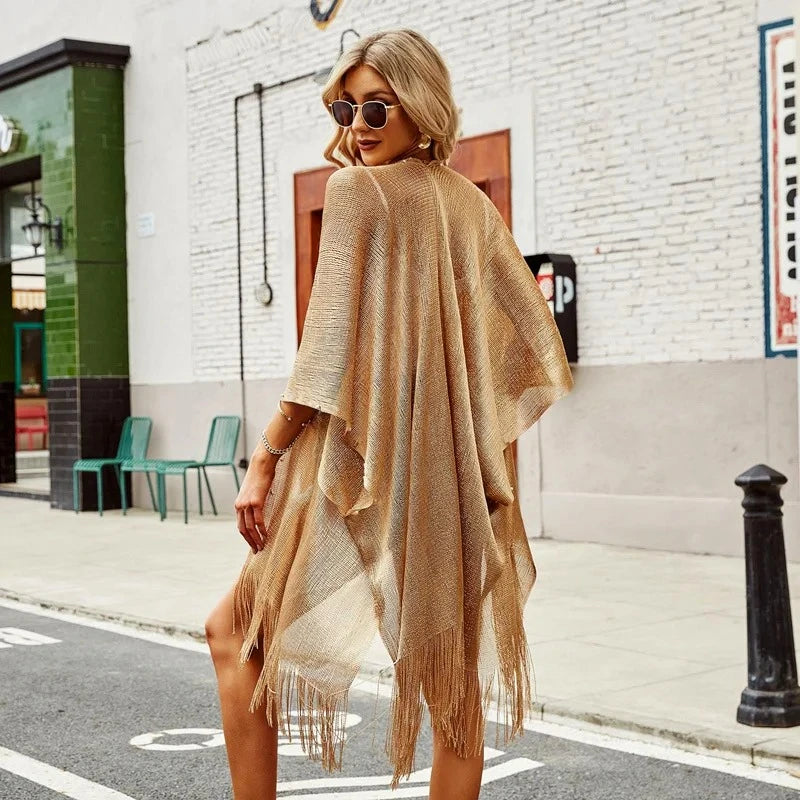 2025 Swimsuit Cover-ups  Fashion Tassel Gold Bikini Beach Cover Up Sexy Beach Dress Tunics for Women Summer Wear See Through