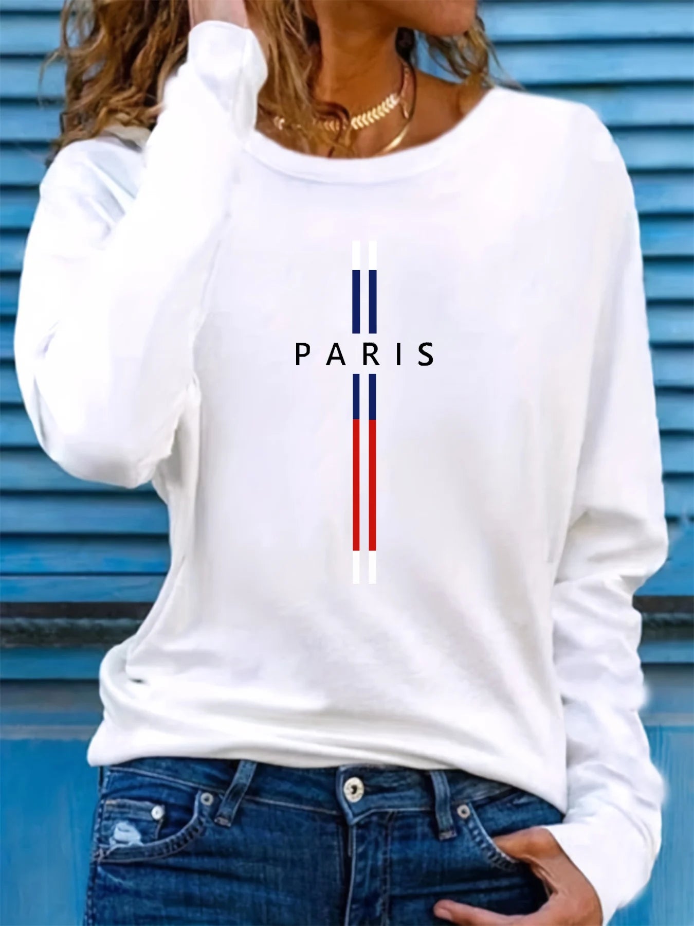 100% pure cotton women's spring and autumn comfortable casual long sleeved Paris graphic printed round neck T-shirt
