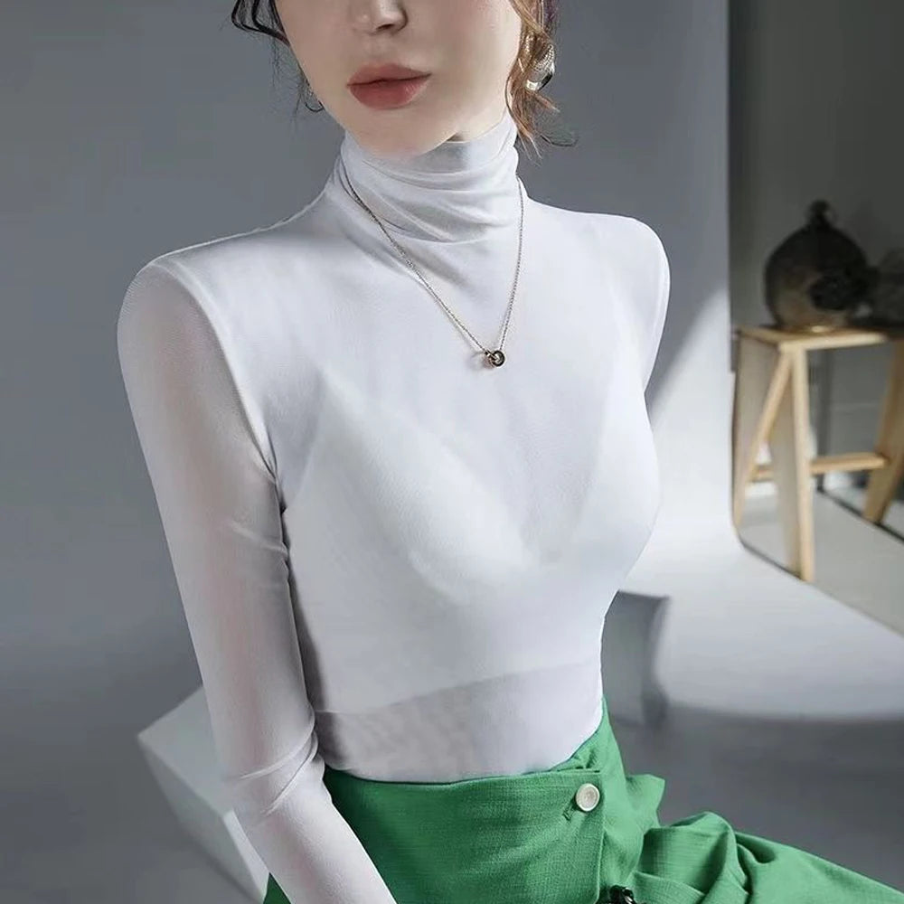 Women's Mesh T Shirt White Coffee Purple S-4XL High-neck Long Sleeve Shirt Women Slim Stretch Bottoming Tops Sexy Tees Ladies