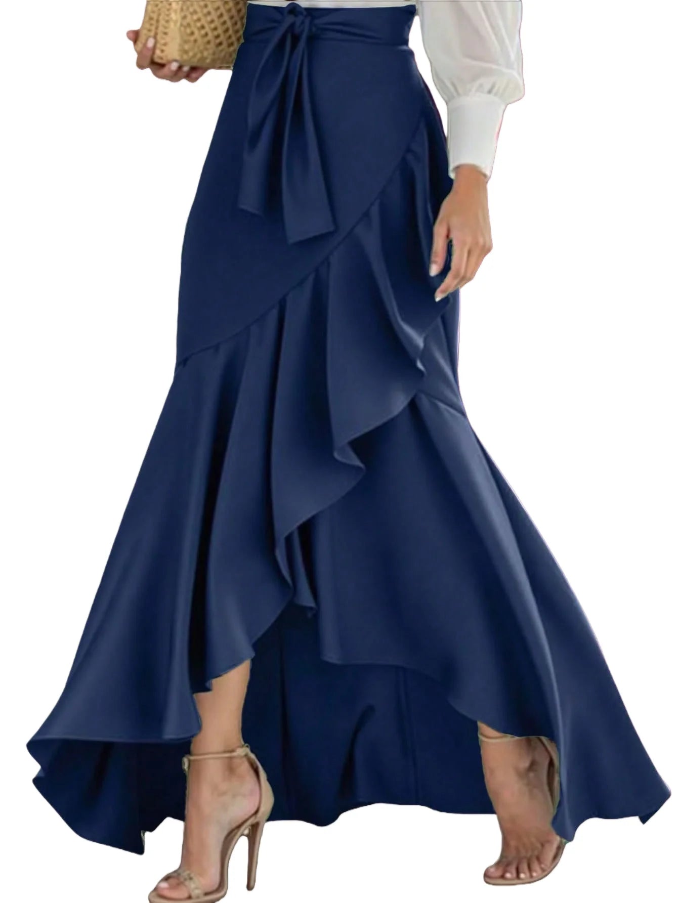 Women's Elegant Solid High Waist Mermaid Skirt Fashion Elastic Irregular Ruffle Long Skirt Casual Bow Tie Detail Maxi Skirt 2025